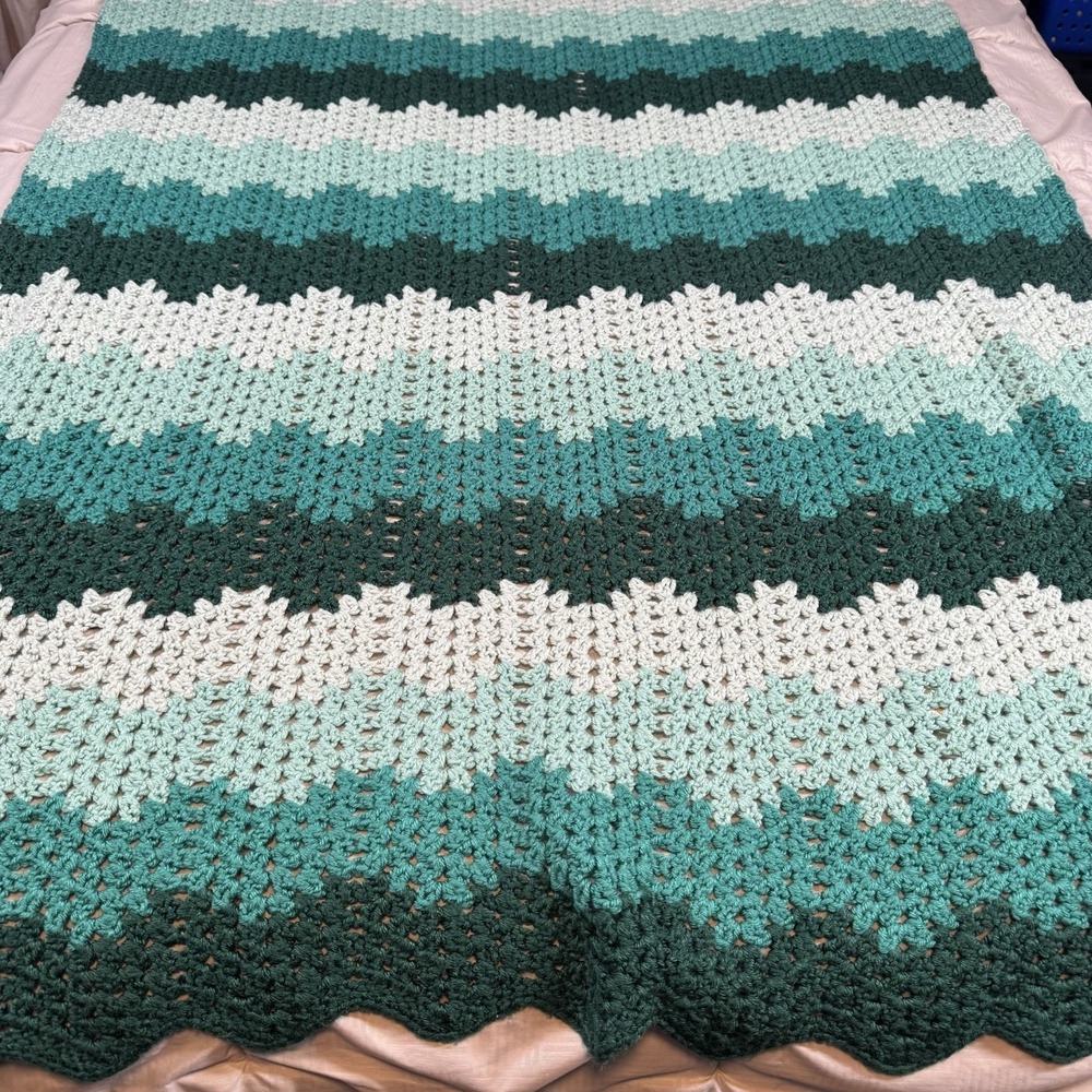 Handmade Turquoise Green Ombre Chevron Crochet Blanket 46"x72" Throw Afghan